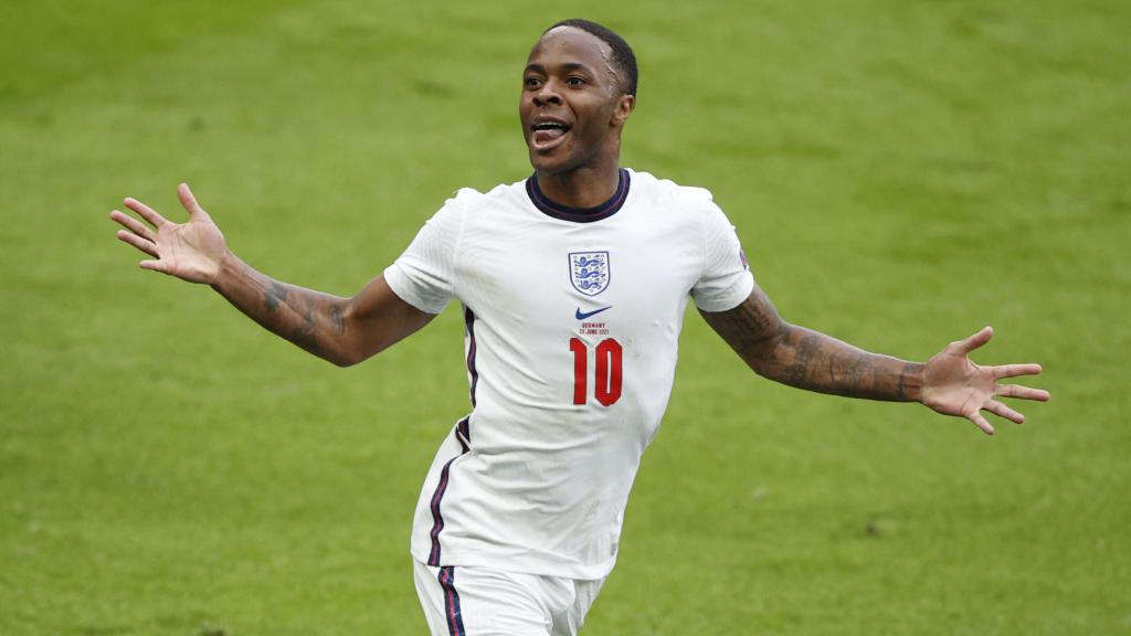 Raheem Sterling celebra el gol de la selección de Inglaterra ante Alemania en los octavos de la Eurocopa 2020
