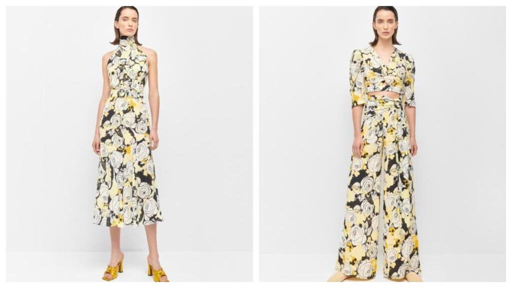 Así aparece el vestido en TFP, a su lado, la versión del diseño en blusa y falda.