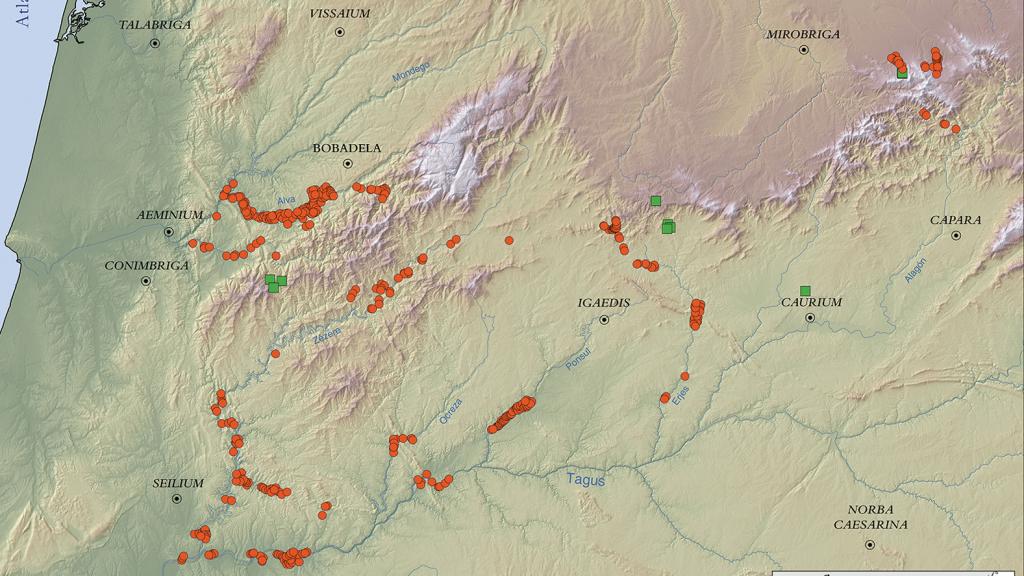 Mapa con las minas de oro romanas identificadas en la zona del valle del Tajo, en Portugal.