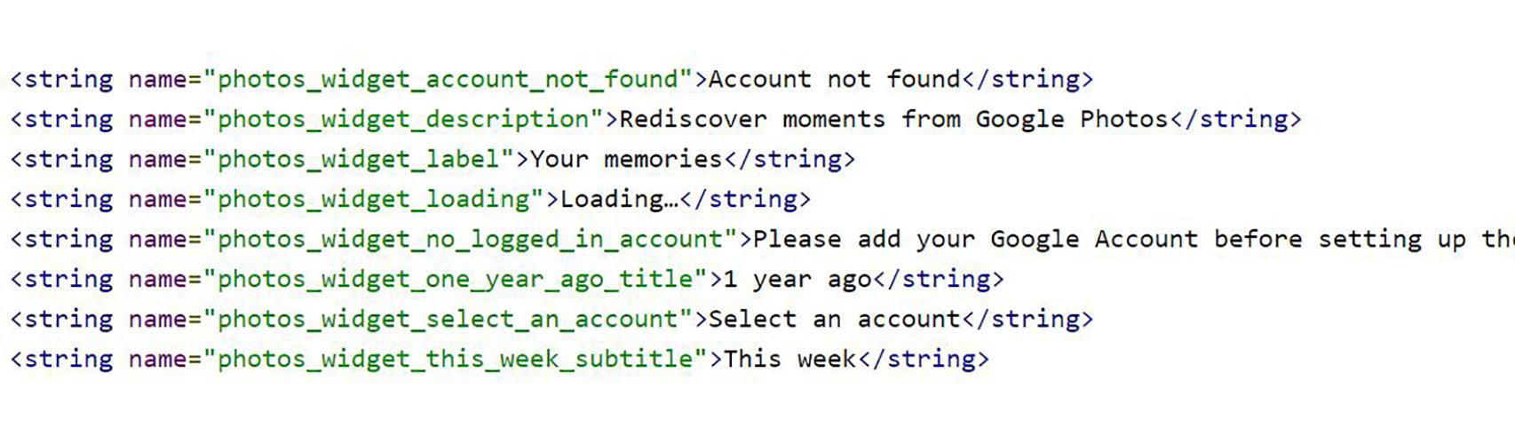Despiece del APK con las líneas de código del widget para Google Fotos