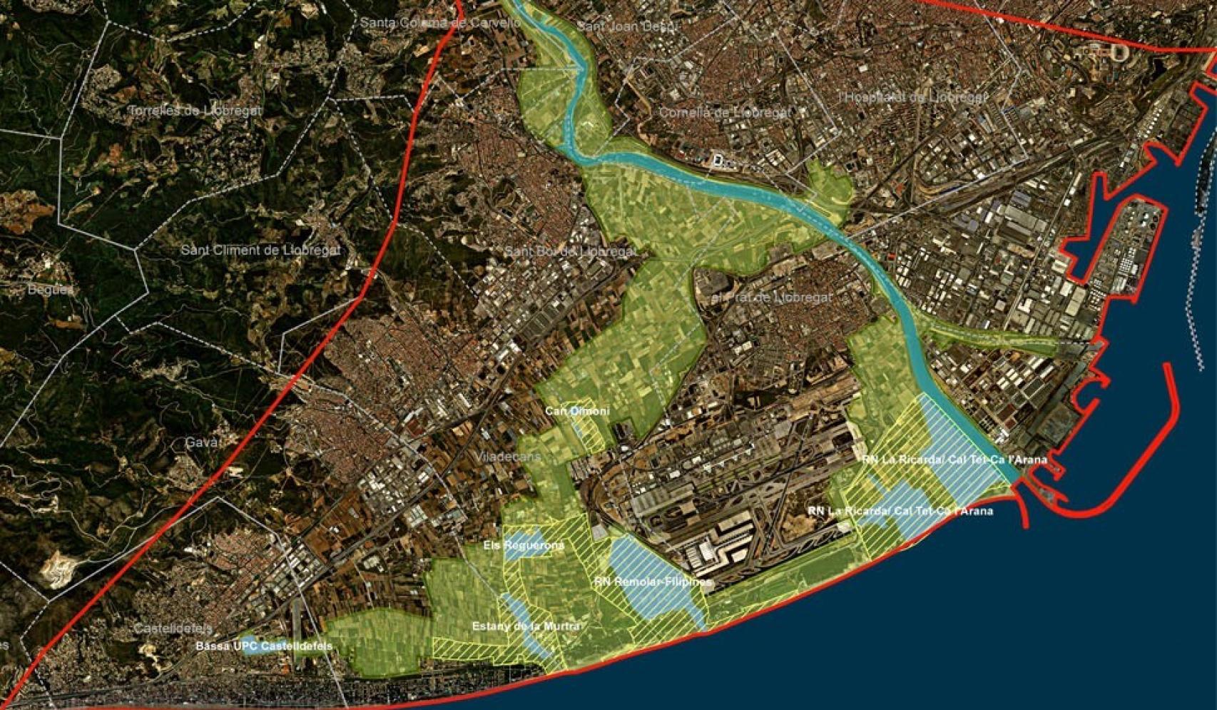 Imagen aérea del Delta del Llobregat; en amarillo y abajo a la derecha, La Ricarda.