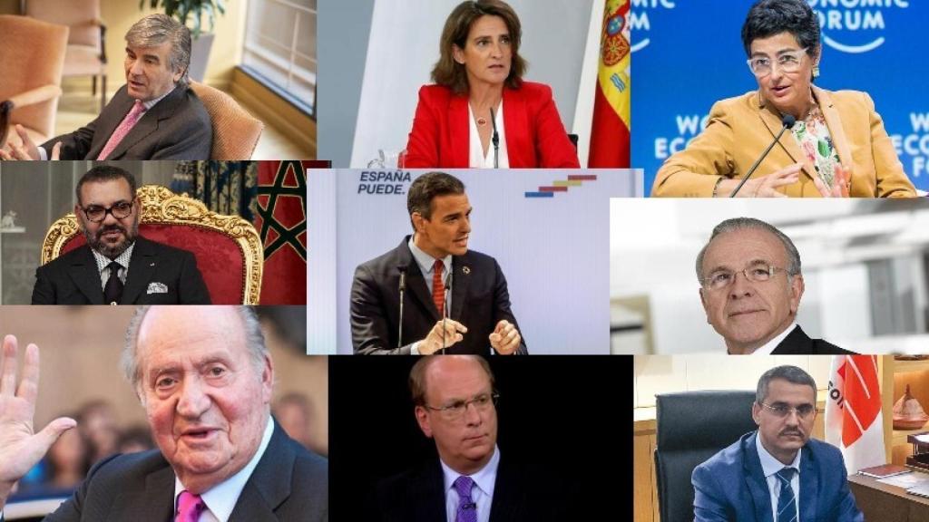 Francisco Reynés, Teresa Ribera, A. González Laya, Mohamed VI, Pedro Sánchez, Isidro Fainé, el rey emérito, Larry Fink y Toufik Hakkar.