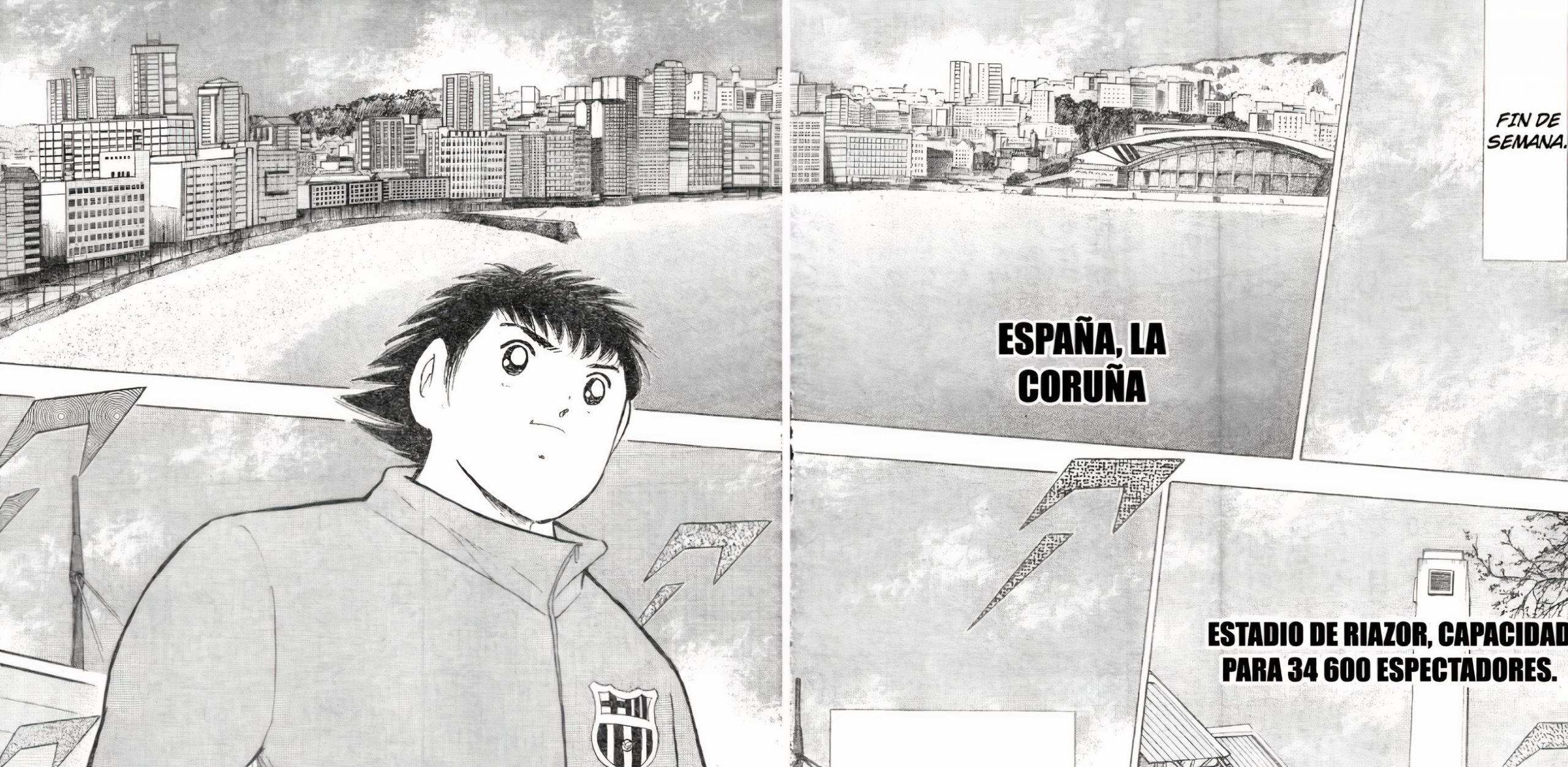 Viñeta de Óliver Átom con la ensenada del Orzán y el estadio de Riazor de fondo.