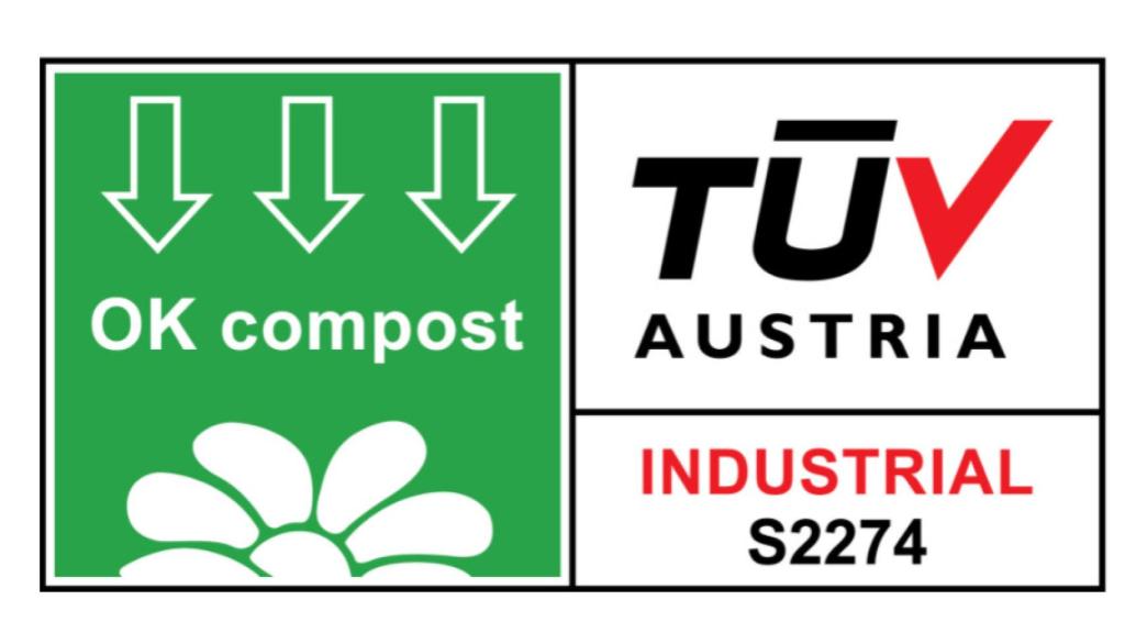 Sello europeo que ADBioplastics puede exhibir en sus productos y que avala que sus envases desaparecen al 100% y siguiendo los más estrictos criterios de la UE.
