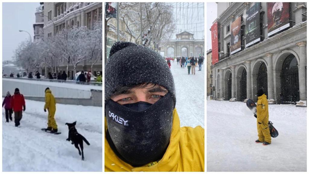 Jairo Alonso haciendo 'snowboard' por las calles de Madrid.