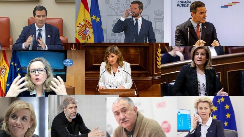 Antonio Garamendi, Pablo Casado, Pedro Sánchez, Nadia Calviño, Yolanda Díaz, Fátima Báñez, Rosa Santos, Unai Sordo, Pepe Álvarez y Ursula von der Leyen.