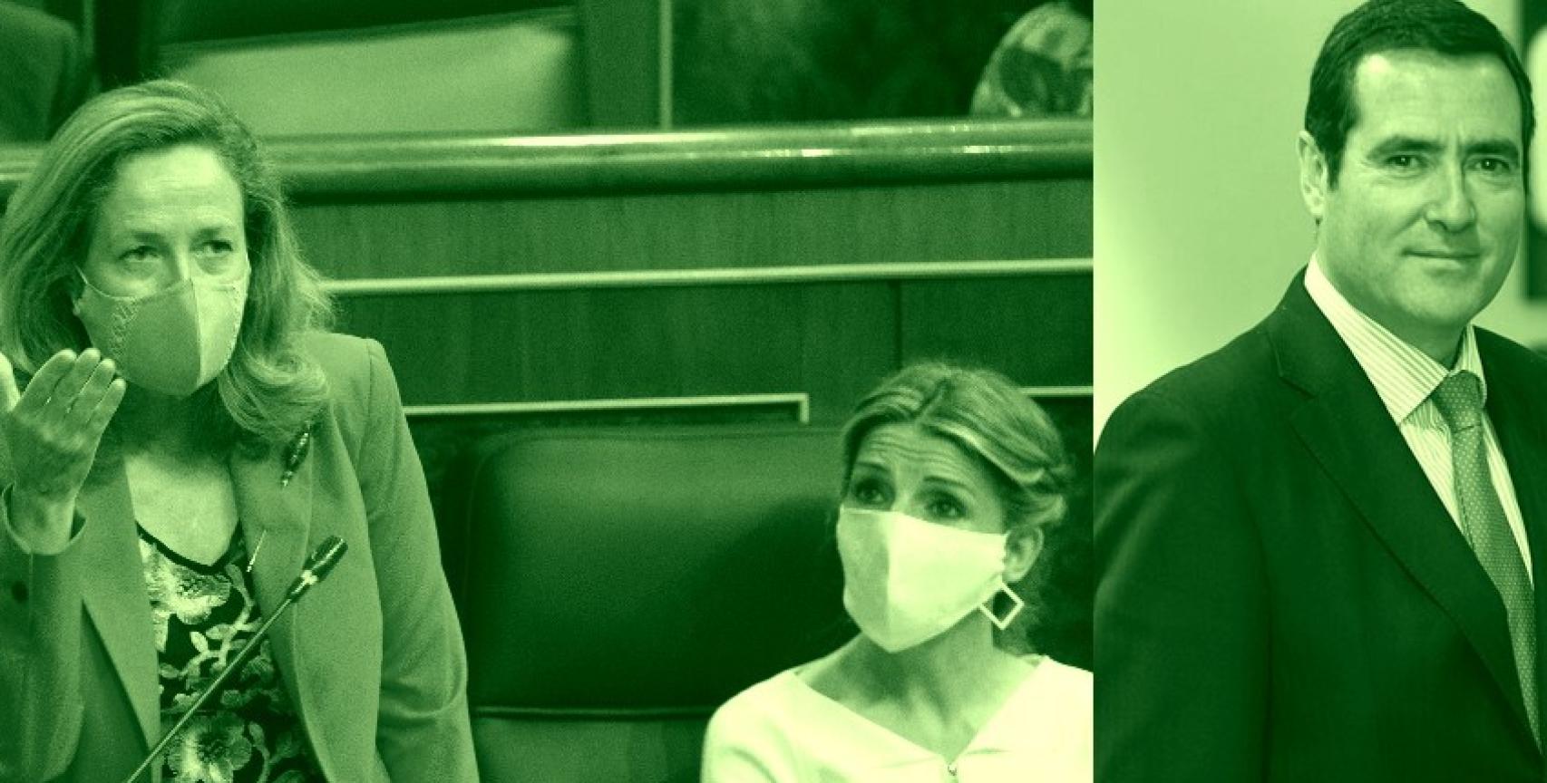 Nadia Calviño, Yolanda Díaz y Antonio Garamendi.