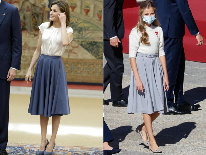 Letizia durante un acto en junio de 2017. Leonor el pasado octubre en el Día de la Hispanidad.