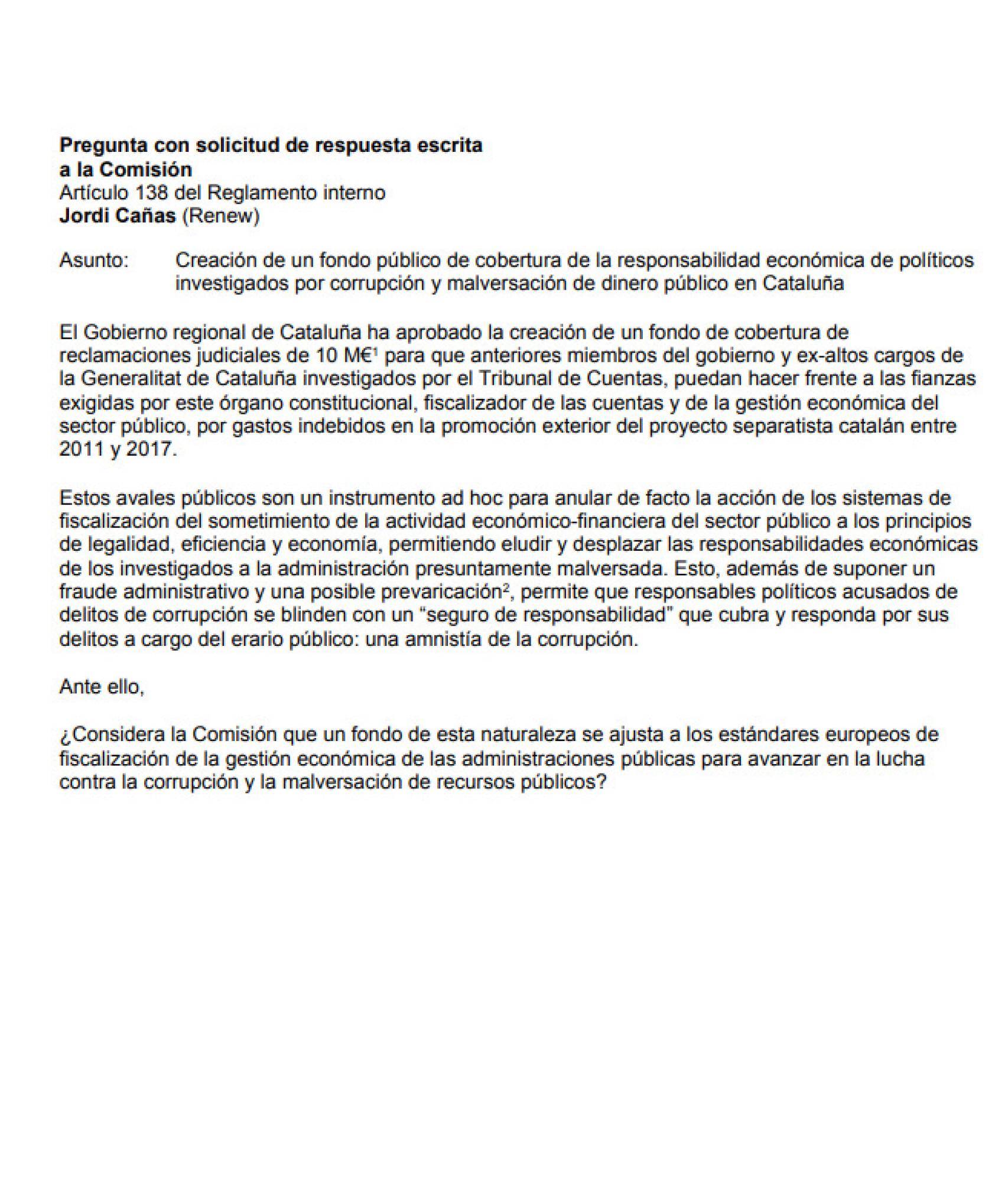 Pregunta de Jordi Cañas (Cs) a la Comisión Europea.
