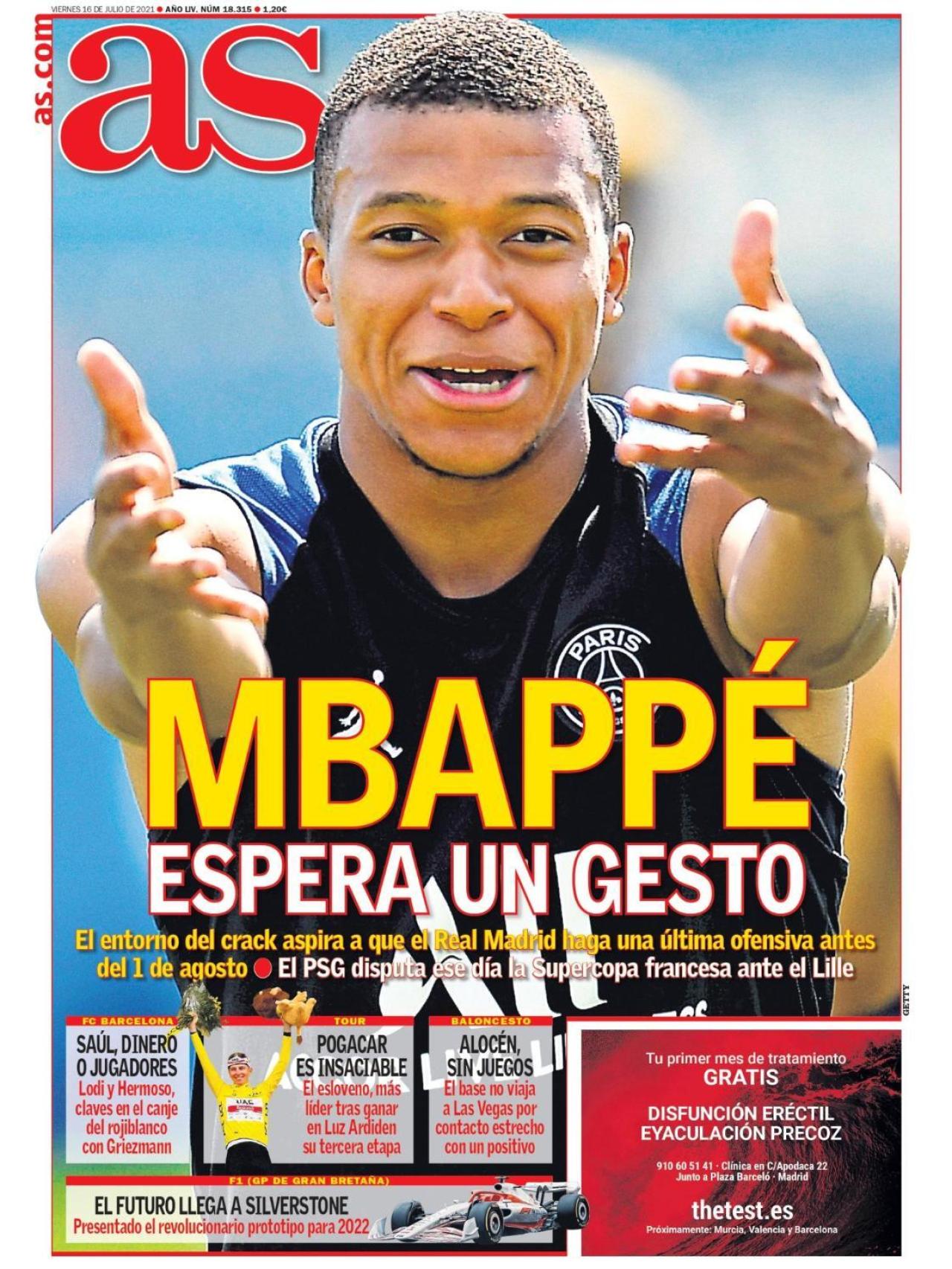 La portada del diario AS (16/07/2021)