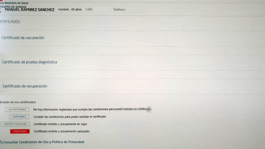 La página donde tendremos los 3 certificados para el Pasapor COVID de la Comunidad de Madrid