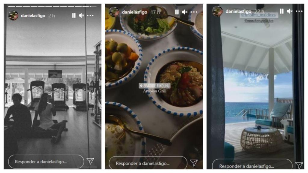 Algunos de los 'stories' compartidos por Daniela Figo y Beltrán Lozano, en un montaje de JALEOS.