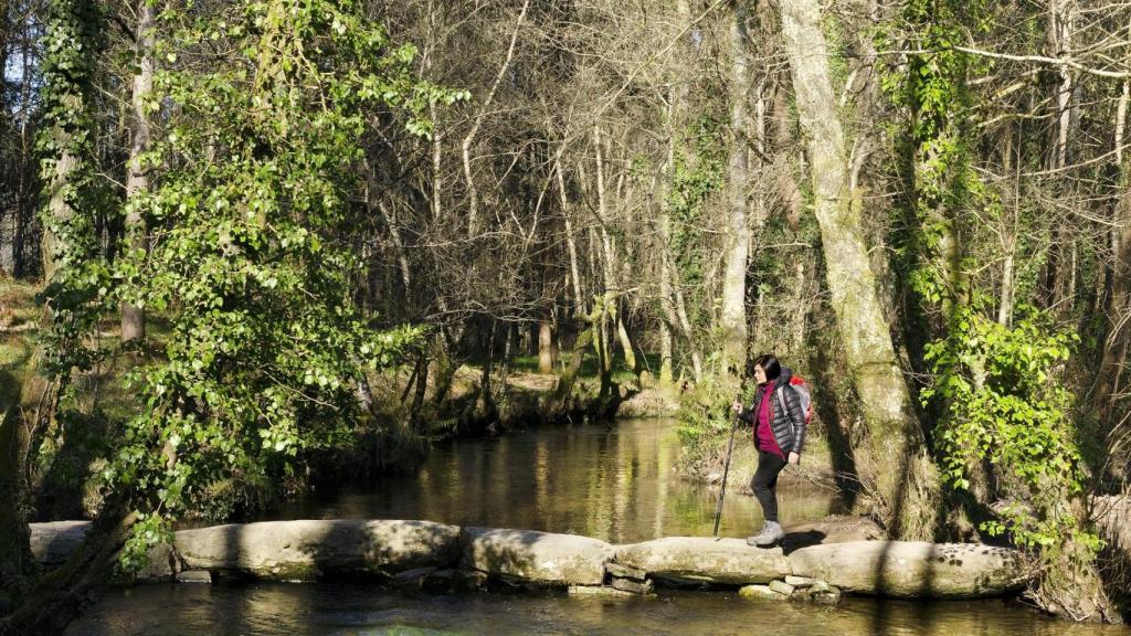 Una peregrina a su paso por Palas de Rei (Lugo).