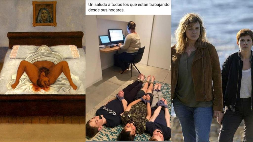 Representaciones de la maternidad analizadas en 'Maternidades': 'Mi nacimiento', de Frida Kahlo; un meme sobre el teletrabajo;  una escena del thriller 'Néboa'.