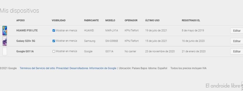 Google Play eliminar dispositivos