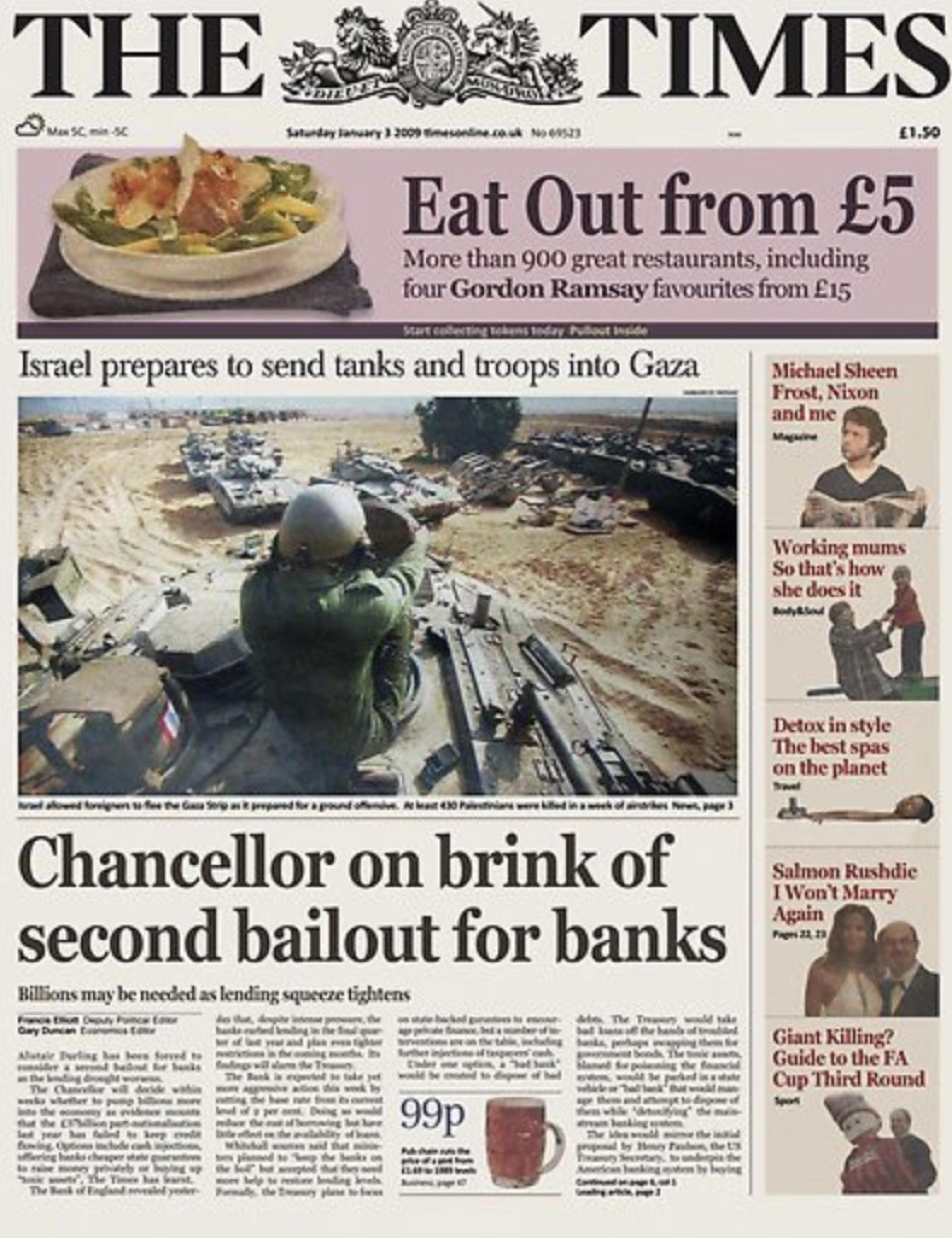 Portada de 'The Times' del 3 de enero de 2009.