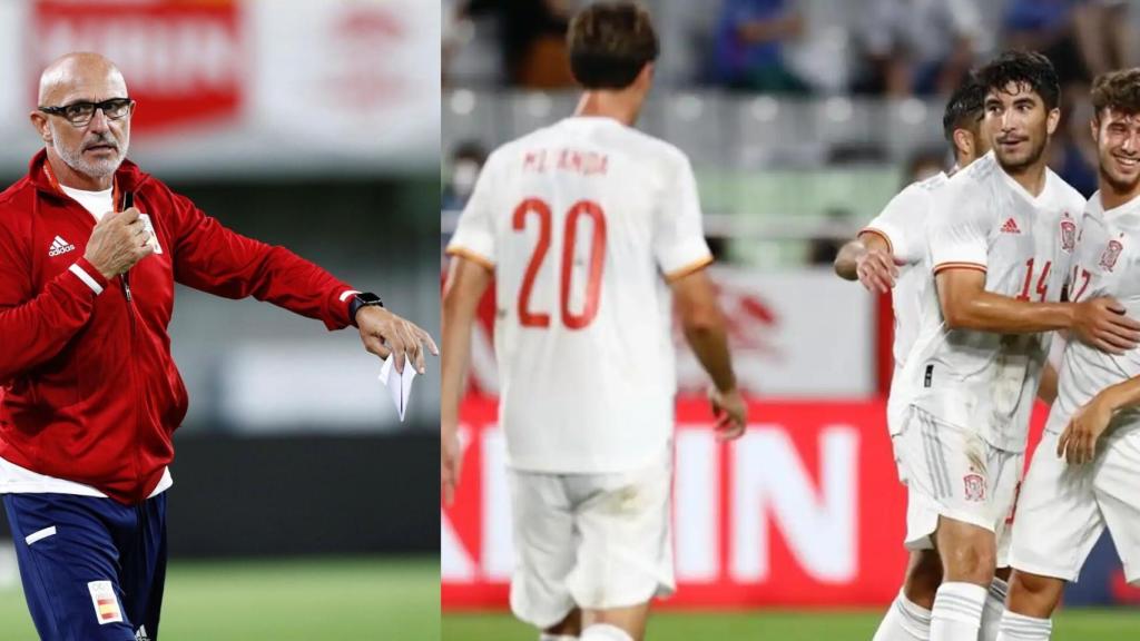 Collage con Luis de la Fuente y los jugadores de la selección celebrando un gol
