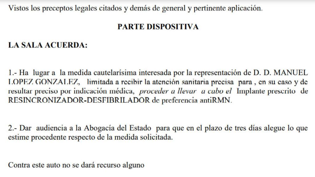 La medida cautelarisima dictada por el TSJM el pasado 7 de abril.