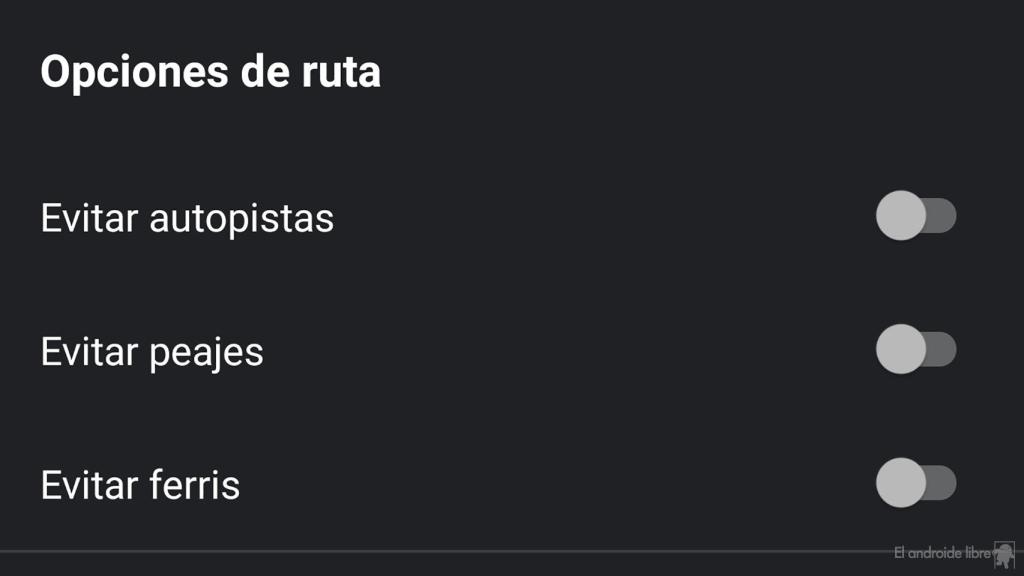 Opciones de ruta en Google Maps