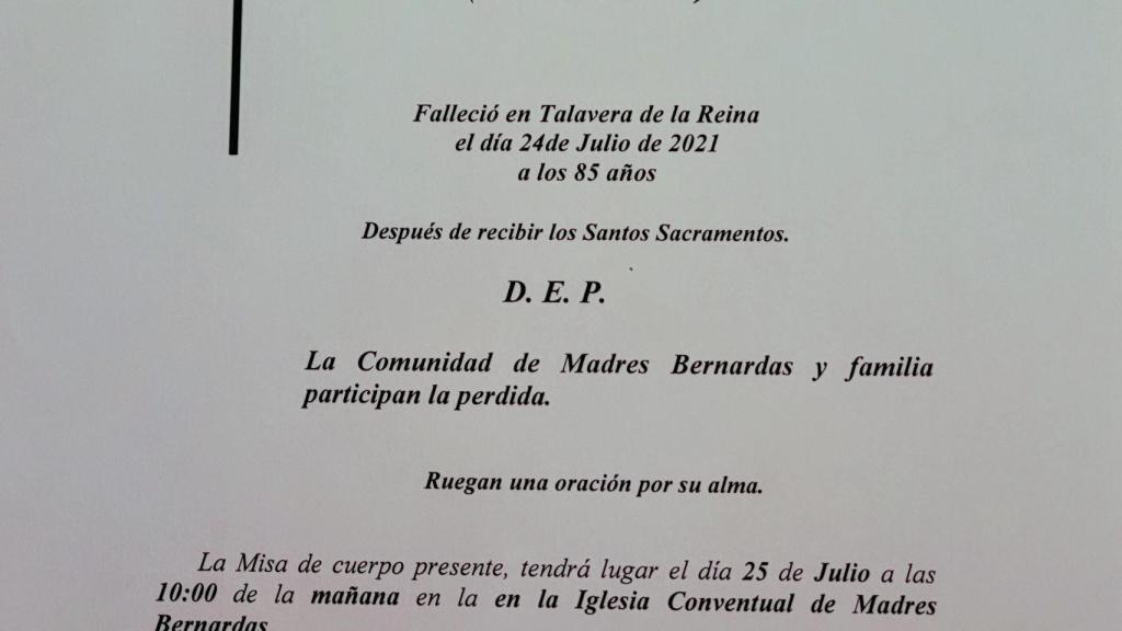 Fallecimiento de la Madre Rosa Barbacho