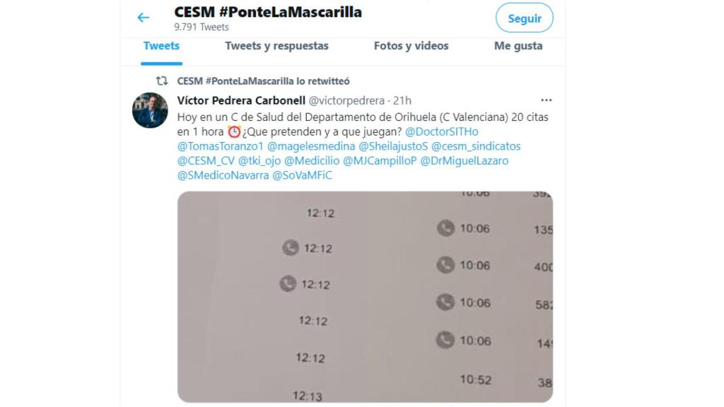 Tuit del secretario general del Sindicato Médico.