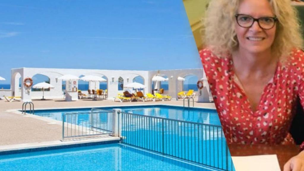 La ex secretaria de Organización del PSOE de Menorca, Elena Baquero, junto al hotel Covid de Menorca, propiedad de su marido.
