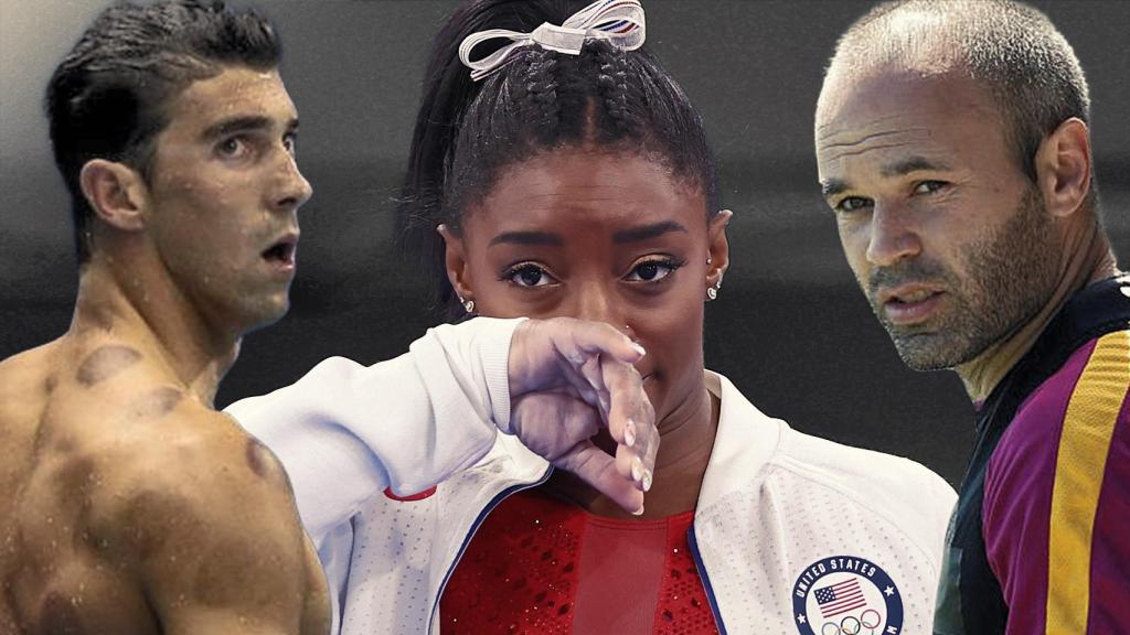 Simone Biles, Michael Phelps y Andrés Iniesta, en un fotomontaje