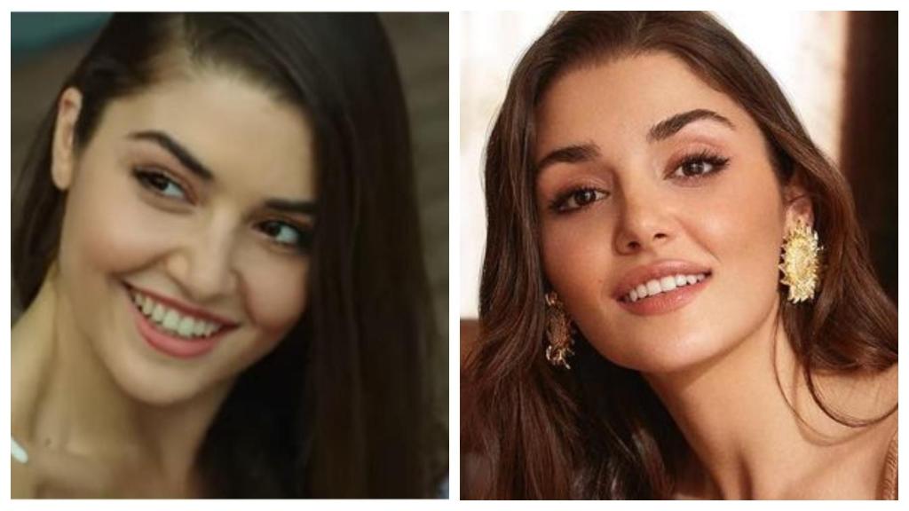 Hande Erçel, a la izquierda, en una de sus primeros papeles en televisión, a la derecha, en la actualidad.