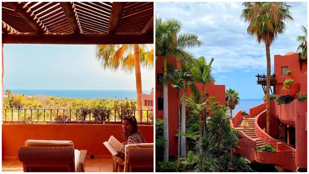 A la izquierda, Nuria Roca, desde la terraza de su habitación.  A la derecha, una vista de la edificación.