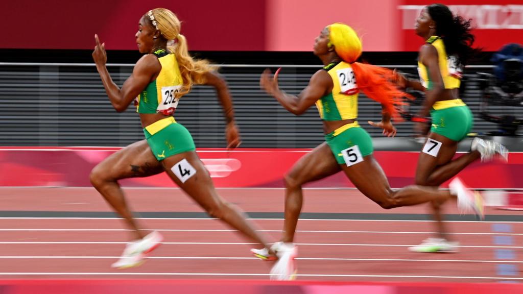Shelly-Ann Fraser-Pryce, Elaine Thompson-Herah y Shericka Jackson