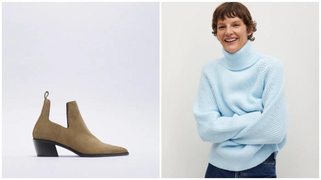 Botín de serraje de Zara, 15,99 euros. Jersey de punto grueso de Mango, 15,99 euros.