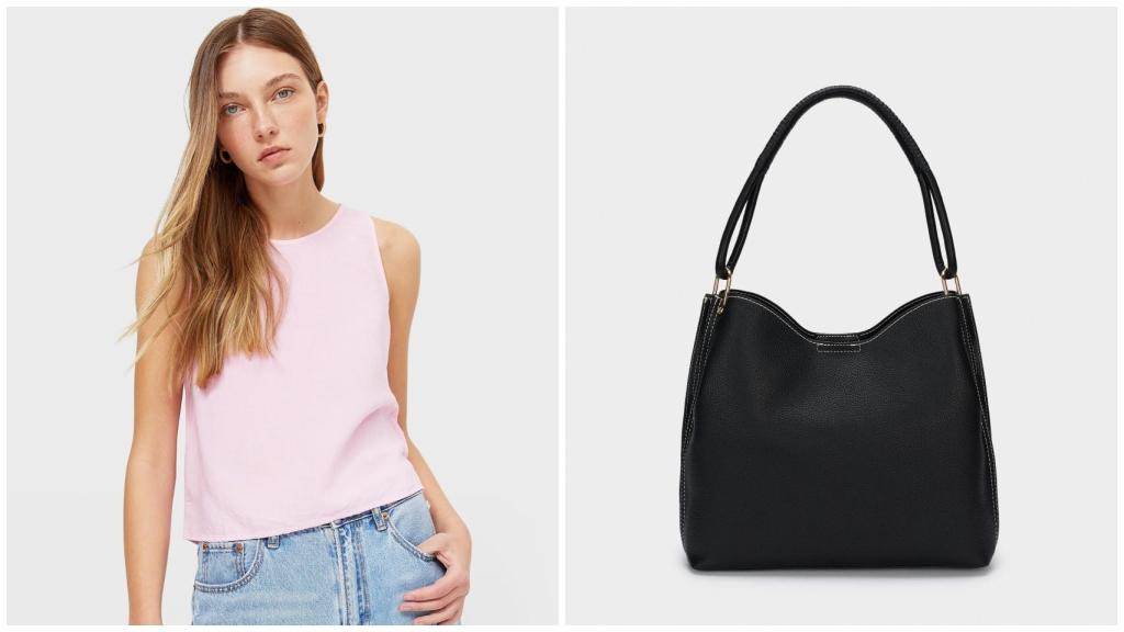 Camiseta de Stradivarius, 9,99 euros. Bolso 'tote' de Parfois, 9, 99 euros.