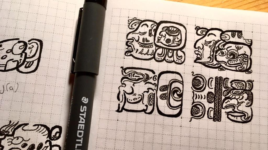 Un dibujo de Marina Escolano tratando de dibujar uno de los 96 Glifos de Palenque.