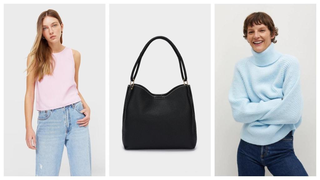 Camiseta de Stradivarius, bolso de Parfois y jersey de Mango, en un montaje de JALEOS.