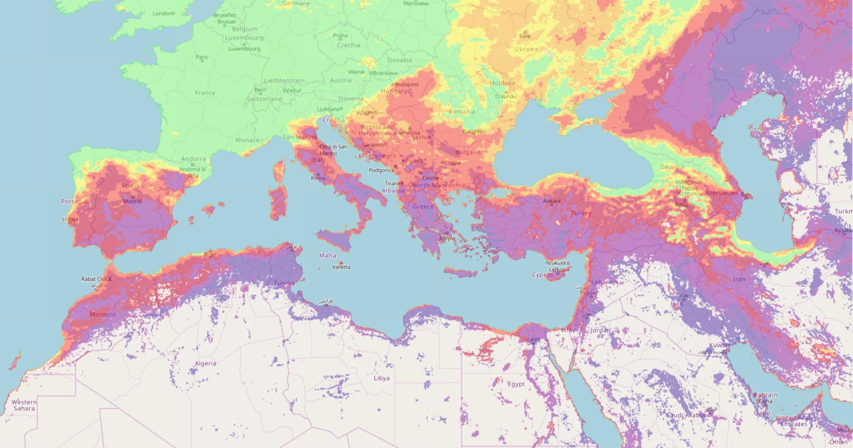 Riesgo de incendios. En morado, zonas en riesgo extremo.