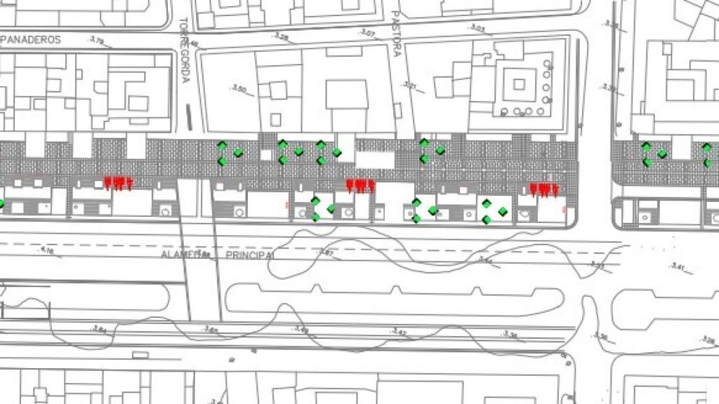 Plano con la ubicación de los bancos, sillas y aparcabicis en el lateral norte de la Alameda de Málaga.