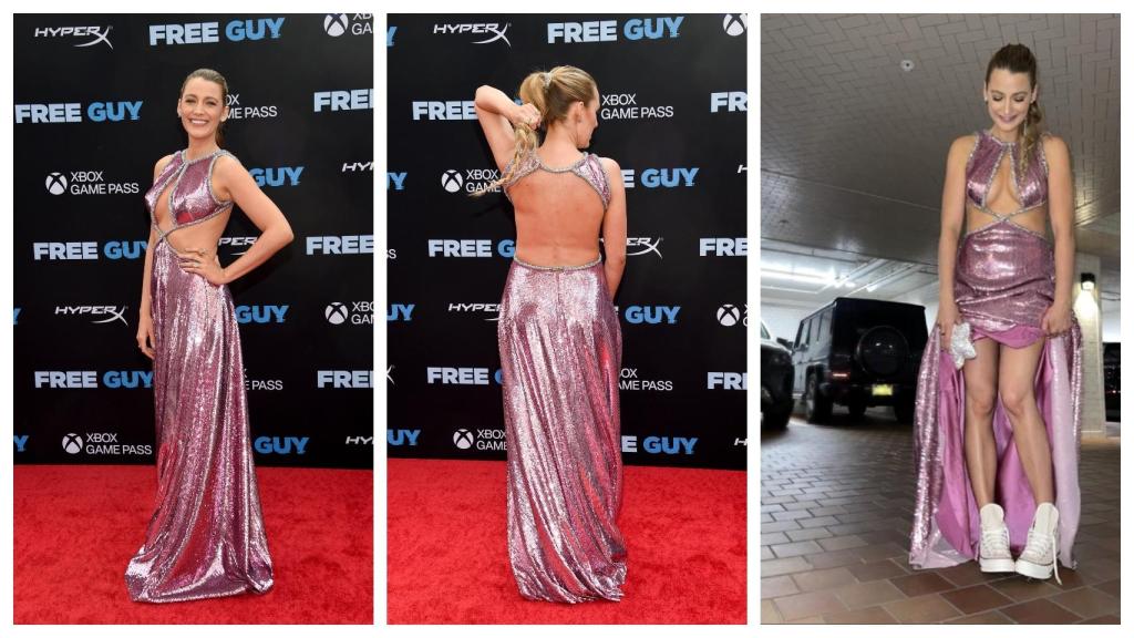 Blake Lively, con vestido de Prabal Gurung, en el 'photocall' y tras él, con zapatillas.