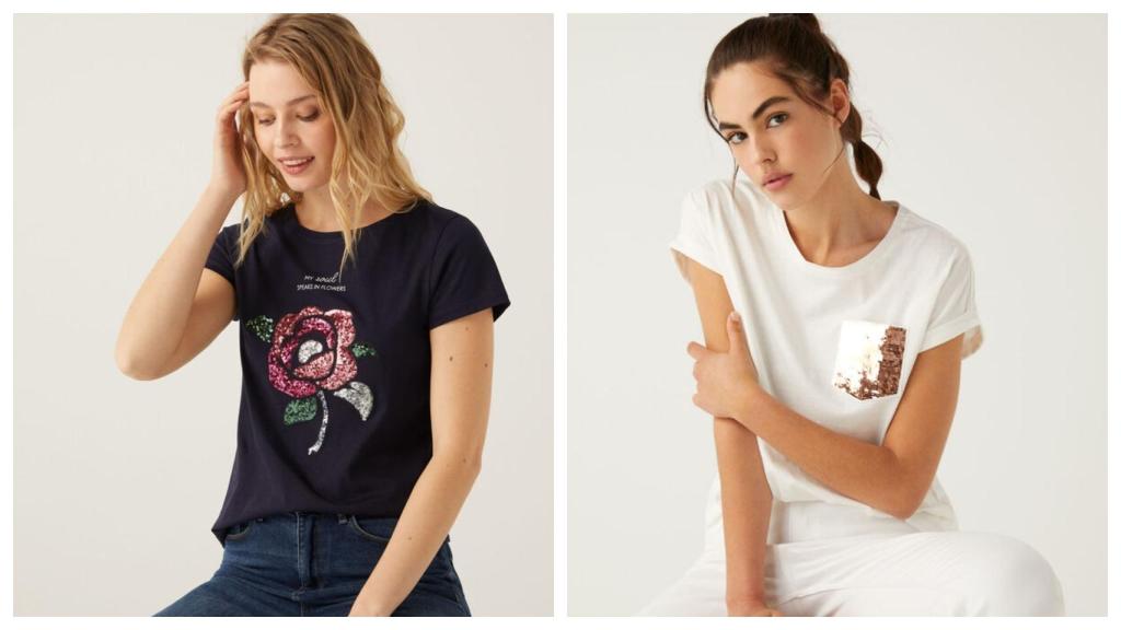 Dos modelos de camiseta con detalles de lentejuelas, de Springfield.