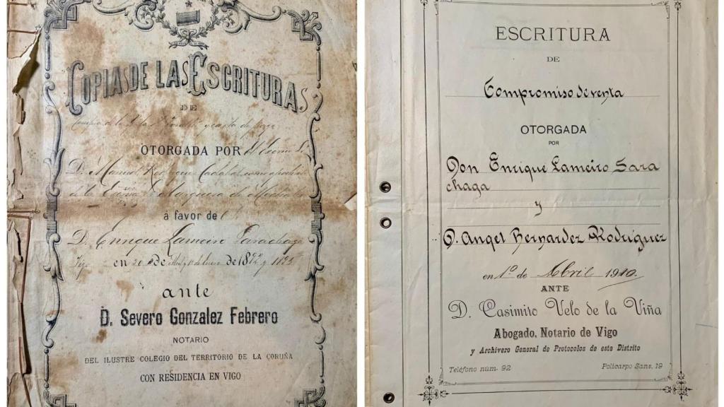 Escrituras de venta originales de 1895 (izq.) y de 1910 (dcha.). Fotos: Marcos Ferrín