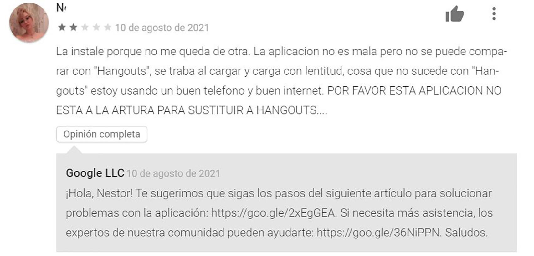 Reseña negativa en Google Chat