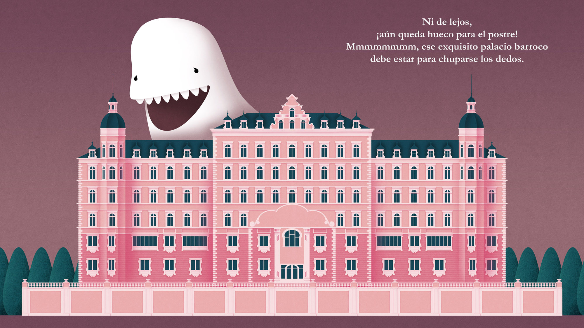 Ilustración de Zampacasas, inspirada en el largometraje de Wes Anderson, Gran Hotel Budapest