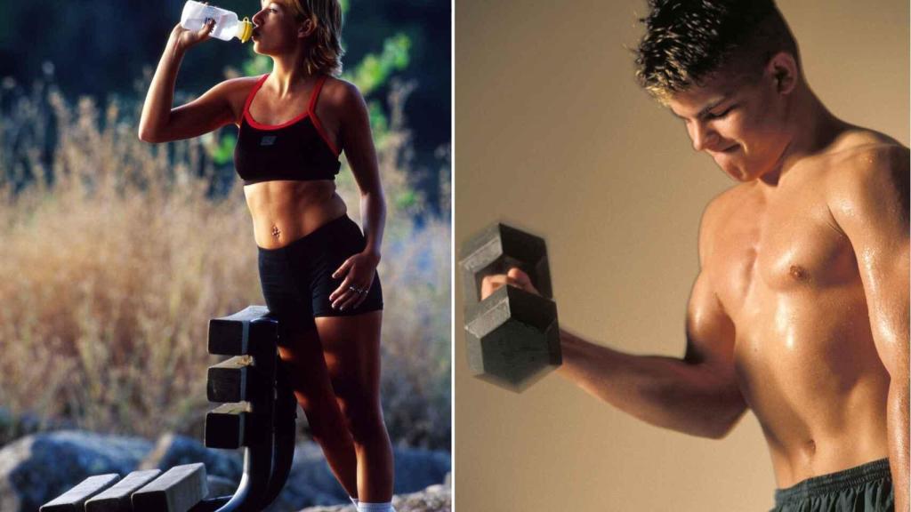 Una mujer que para a beber agua y un hombre levantando una mancuerna.