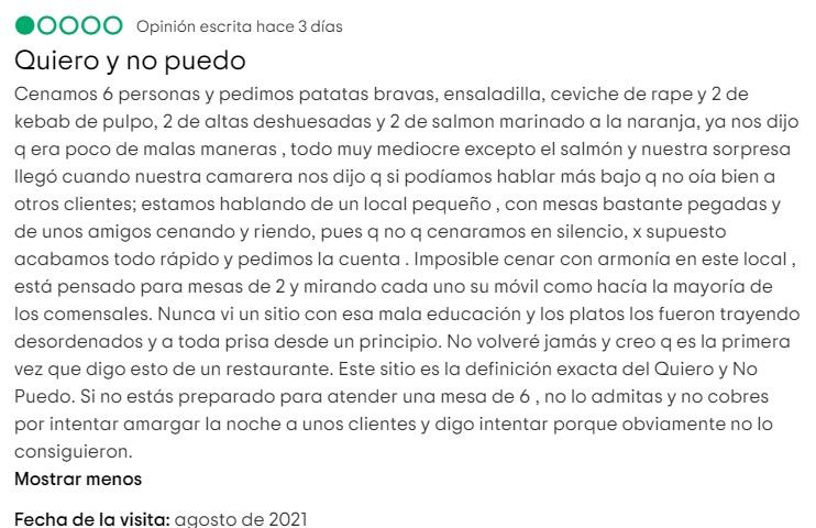 Reseña negativa publicada. Fuente: TripAdvisor.