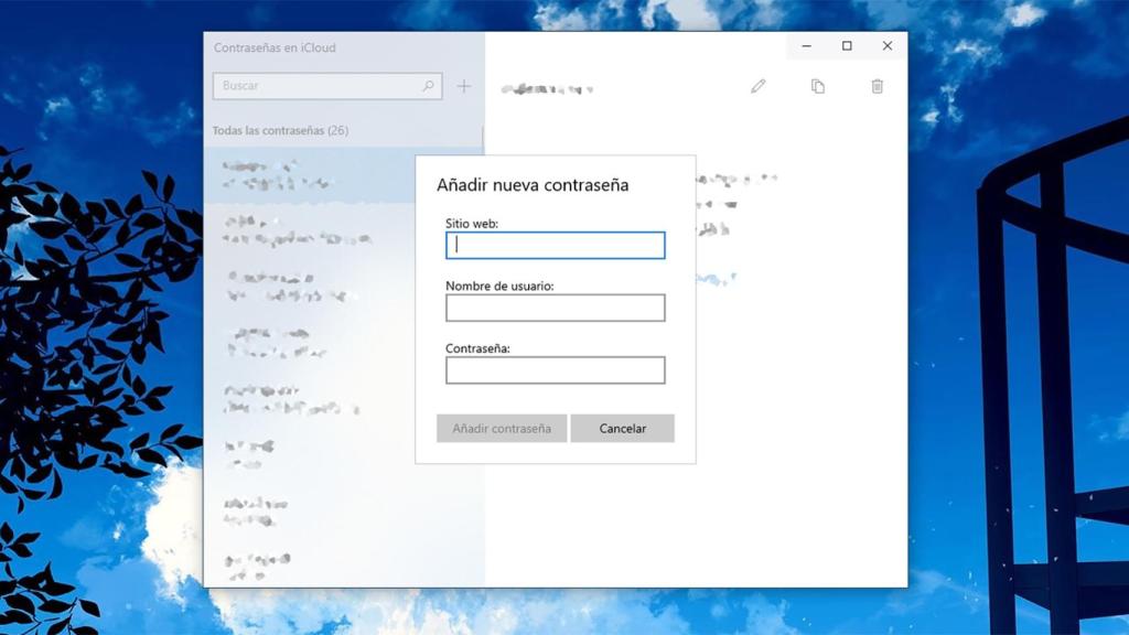 Gestión de contraseñas de iCloud en Windows 10.