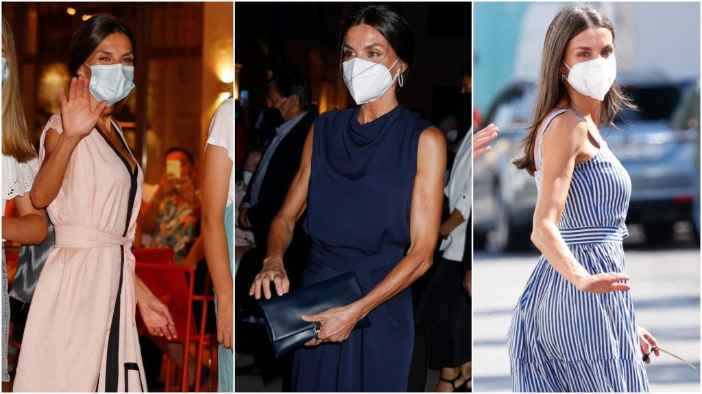 La reina Letizia con tres de las cuatro firmas que ha estrenado en Palma este verano.
