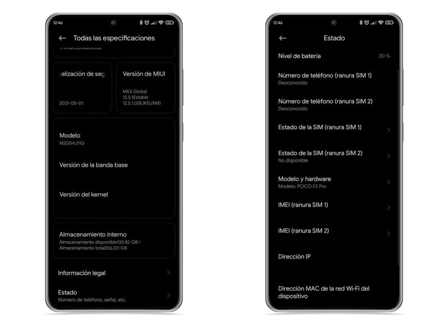 Menu de información técnica de Xiaomi