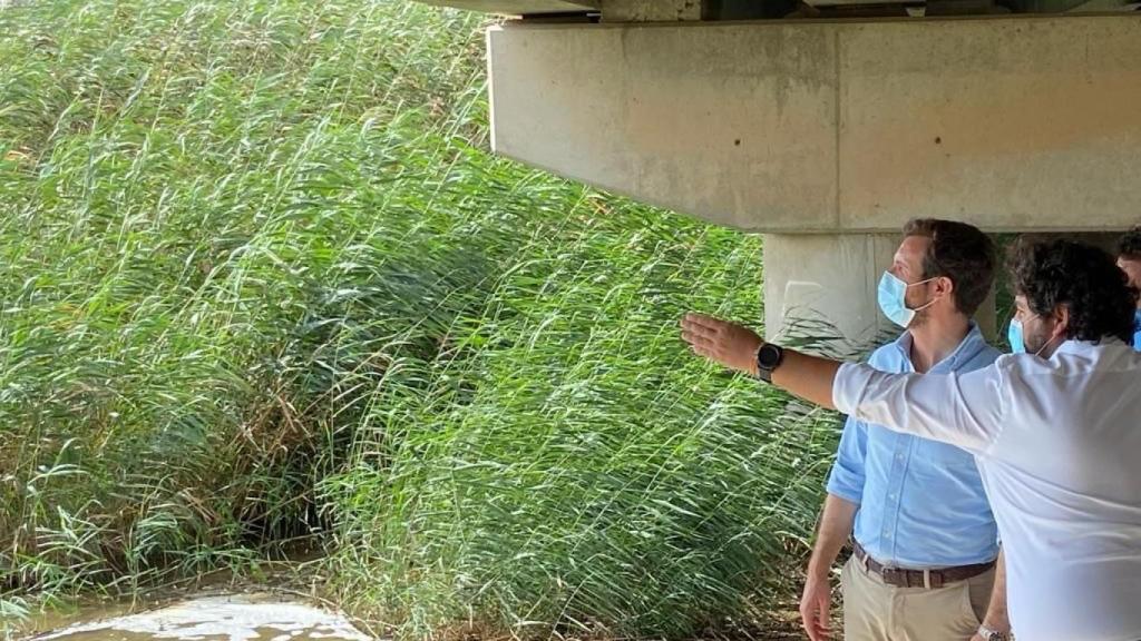 Pablo Casado junto a Fernando López Miras en la Rambla del Albujón.