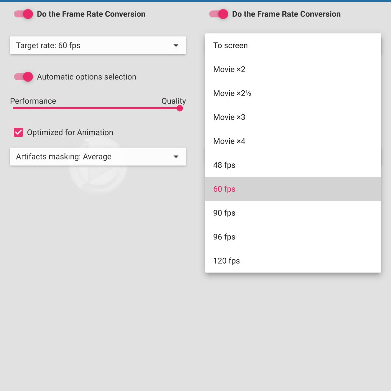 Opciones de fotogramas por segundo en SVP