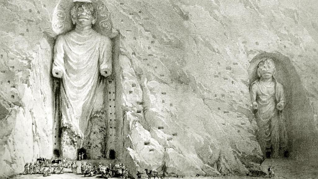 Grabado de los Budas de Bamiyan en Afganistán.