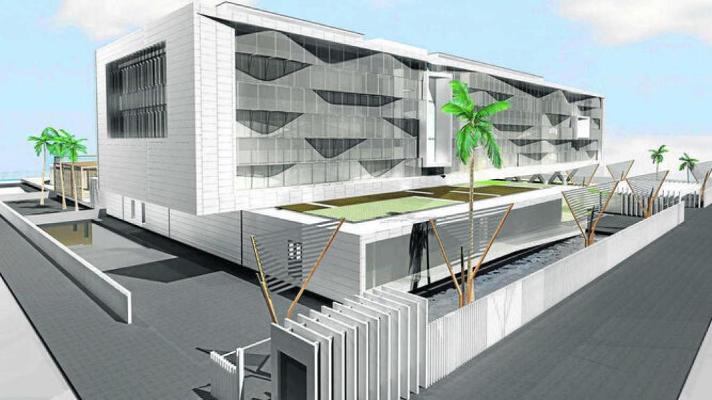 Diseño original de la sede proyectada por la Seguridad Social en los terrenos.